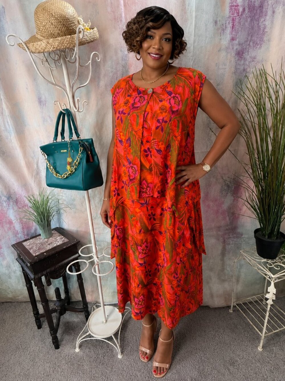 VTGπUltra Dress 90s Floral Comfy Figure-Friendly Rayon Midi Multilayered Dress